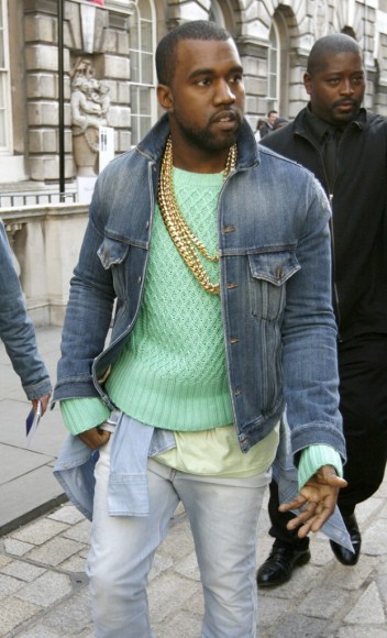 Kanye West mint green jumper london fashion week