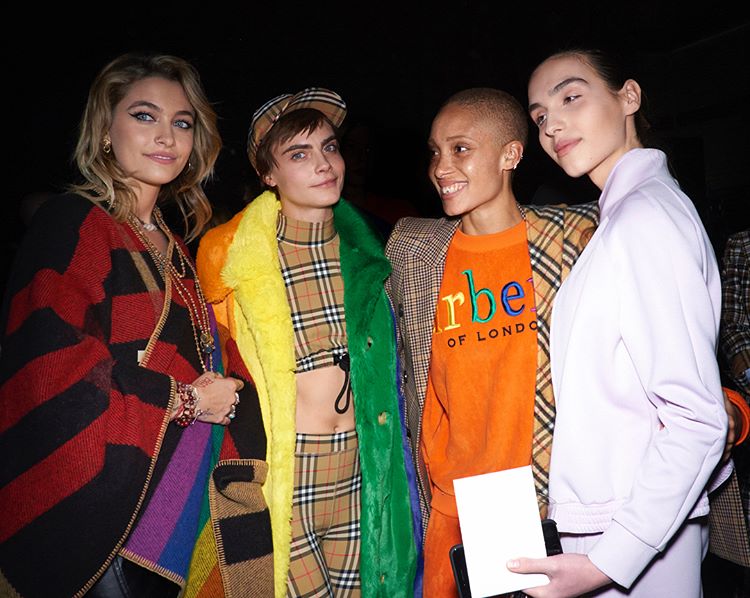 #ParisJackson, #CaraDelevingne and #AdwoaAboah wearing pieces from the February 2018 runway, pictured with #MaximMagnus. #DEAN, #JourdanDunn, #AlexaChung, #NaomieHarris, and #AnnaWintour with daughter #BeeShaffer all wearing #Burberry at the February 2018 runway show